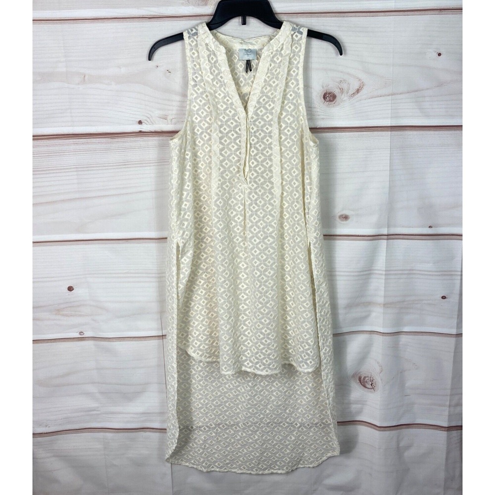 HD In Paris Top Women XS Ivory Embroidered Hi Low Tunic Pleated Sleeveless Sheer
